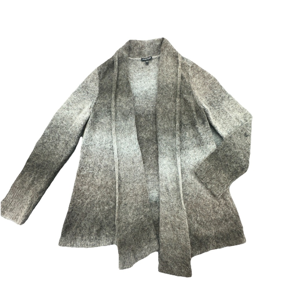 Eileen Fisher Cardigan Knit Sweater Size L Mohair Blend Open‎ Front Beige Winter